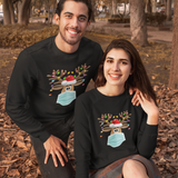 Masked Reindeer Christmas Crewneck Sweatshirt . Reindeer has a blue mask , red santa hat and Christmas lights on the antlers. Very cute and comfortable!