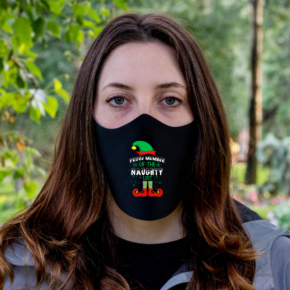 Proud Member Of The Naughty List Christmas Fitted Face Mask And Covering. Perfect for yourself, family and friends. Makes a great gift and stocking stuffer!Cozy and breathable.No uncomfortable elastic to rub. Non-medical-grade,Made in USA, Washable, Reusable, Easy to speak through, non-volume-canceling