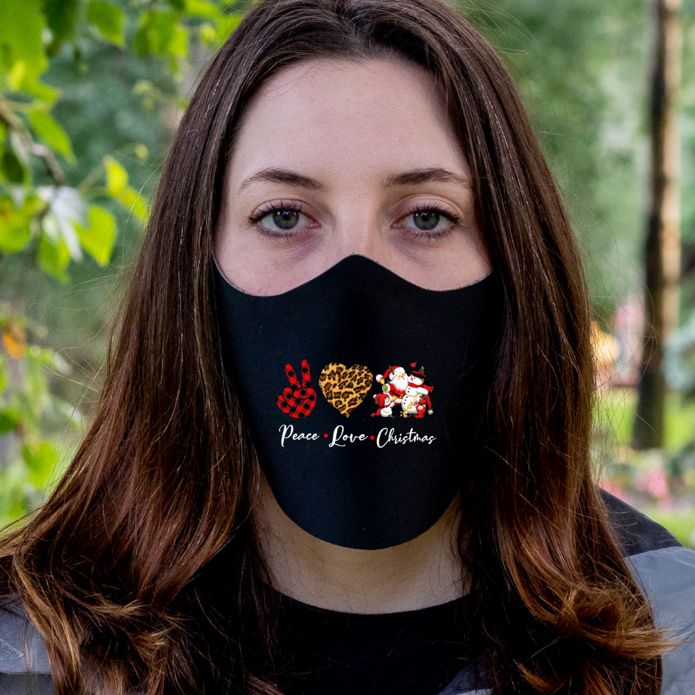 Peace Love Christmas Fitted Face Mask And Covering. Perfect for Church, family and friends. Makes a great gift and stocking stuffer!Cozy and breathable.No uncomfortable elastic to rub. Non-medical-grade,Made in USA, Washable, Reusable, Easy to speak through, non-volume-canceling