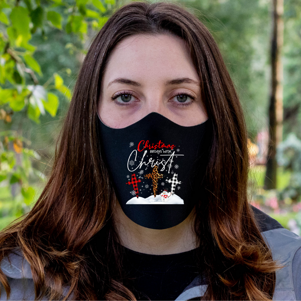 Christmas Begins With Christ Fitted Face Mask And Covering. Perfect for Church, family and friends. Makes a great gift and stocking stuffer!Cozy and breathable.No uncomfortable elastic to rub. Non-medical-grade,Made in USA, Washable, Reusable, Easy to speak through, non-volume-canceling
