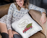 Personalized Family Name and Year Cut and Carry Vintage Christmas Tree Truck Decorative Pillow. Personalize the pillow with your family name and year or for the family that will receive this beautiful pillow case as a Christmas gift. Dimensions: 17.5 inch x 17.5 inch Material: 100% soft Polyester Zipper closure Pillow not included
