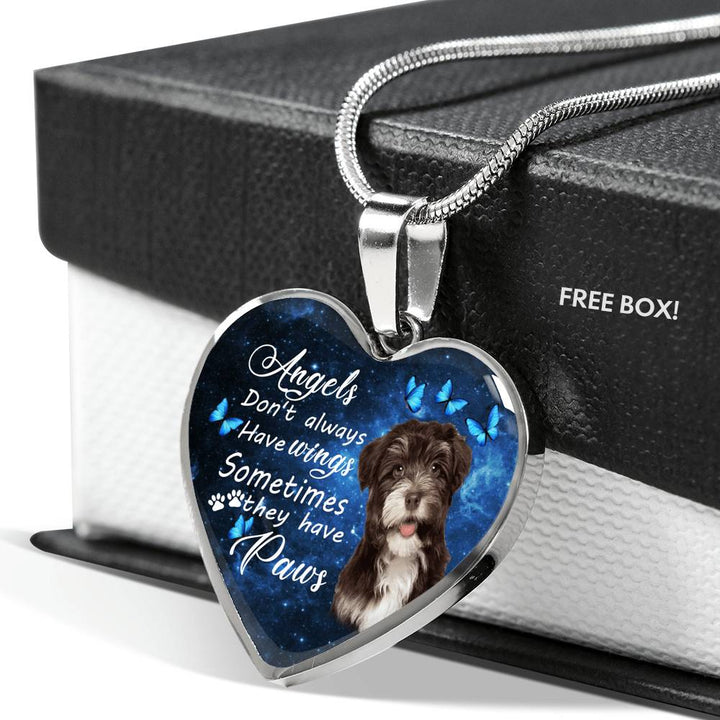 Angels don't always have wings sometimes they have paws luxury heart pendant necklace with engraving on the back option color silver Dog Breed is Havanese
