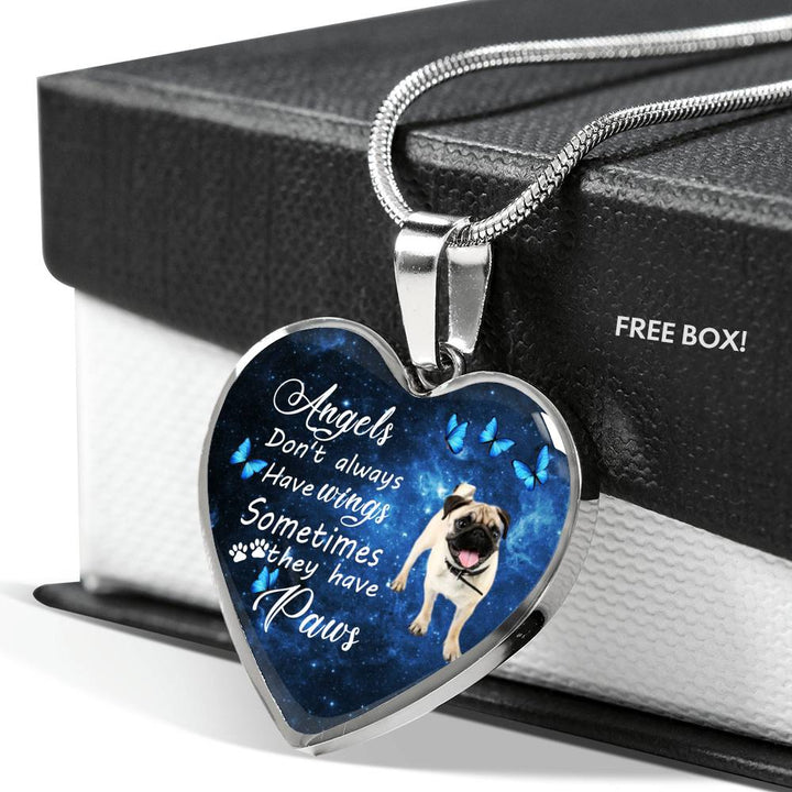 Angels don't always have wings sometimes they have paws luxury heart pendant necklace with engraving on the back option color silver Dog Breed is Pug