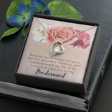 Bridesmaid proposal Necklace Gift with heartfelt message. " Because you've helped me grow, kept me grounded, lifted my spirit and brightened my life, I'd be honored to have you as my Bridesmaid". Brilliant 14k white gold over stainless steel. Zirconia crystal with smaller cubic zirconia
