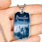 The perfect Men's Dog Tag Necklace Gift. "Breathe with trees in white and blue" . Can be personalized. Shatterproof liquid glass coating. Silver, Gold finish. Necklace: 24", Dog Tag: 1.1"x2"