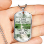 The perfect Men's Dog Tag Necklace Gift. " Leave the roads, Take the trails ", Can be personalized. Shatterproof liquid glass coating. Silver, Gold finish. Necklace: 24", Dog Tag: 1.1"x2"