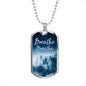 The perfect Men's Dog Tag Necklace Gift. "Breathe with trees in white and blue" . Can be personalized. Shatterproof liquid glass coating. Silver, Gold finish. Necklace: 24", Dog Tag: 1.1"x2"