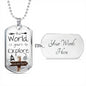 The perfect Men's Dog Tag Necklace Gift. "The world is yours to explore, adventure". Can be personalized. Shatterproof liquid glass coating. Silver, Gold finish. Necklace: 24", Dog Tag: 1.1"x2"