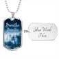 The perfect Men's Dog Tag Necklace Gift. "Breathe with trees in white and blue" . Can be personalized. Shatterproof liquid glass coating. Silver, Gold finish. Necklace: 24", Dog Tag: 1.1"x2"