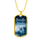 The perfect Men's Dog Tag Necklace Gift. "Breathe with trees in white and blue" . Can be personalized. Shatterproof liquid glass coating. Silver, Gold finish. Necklace: 24", Dog Tag: 1.1"x2"