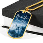 The perfect Men's Dog Tag Necklace Gift. "Breathe with trees in white and blue" . Can be personalized. Shatterproof liquid glass coating. Silver, Gold finish. Necklace: 24", Dog Tag: 1.1"x2"