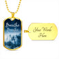 The perfect Men's Dog Tag Necklace Gift. "Breathe with trees in white and blue" . Can be personalized. Shatterproof liquid glass coating. Silver, Gold finish. Necklace: 24", Dog Tag: 1.1"x2"