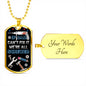 PERSON HOLDING IN THEIR HAND THE IF DAD CAN'T FIX IT LUXURY MILITARY STYLE DOG TAG FOR THE PERFECT FATHERS DAY GIFT COLOR GOLD WITH THE ENGRAVING OPTION ON THE BACK