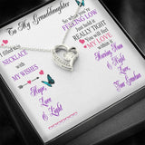 50% OFF Today.Free Shipping.The Perfect Unique and One-Of-A-Kind Gift Your Granddaughter will Cherish Forever.Give a loving gift that will make her heart melt.This dazzling Forever Love Necklace features a polished heart pendant surrounding a flawless 6.5mm cubic zirconia, embellished with smaller crystals adding extra sparkle and shine.  The pendant is crafted in your choice of 14K white gold finish or 18K yellow gold finish, and dangles from an adjustable cable chain secured with a lobster clasp.