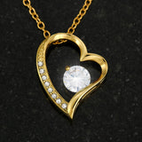 Custom Wife's and Husband's Forever Heart Shaped necklace with a cubic zirconia with a message card that reads To My Wife My One My Only My Beautiful Wife I loved you then I love you still Always have always will Love with a free gift box with 18K Yellow gold finish
