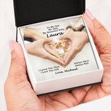 Custom Wife's and Husband's Forever Heart Shaped necklace with a cubic zirconia with a message card that reads To My Wife My One My Only My Beautiful Wife I loved you then I love you still Always have always will Love with a free gift box with 18K Yellow gold finish