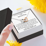 Your Mom will love this Interlocking Hearts Necklace with heartfelt message card. Cubic Zirconia. High quality polished surgical steel.18"-22".