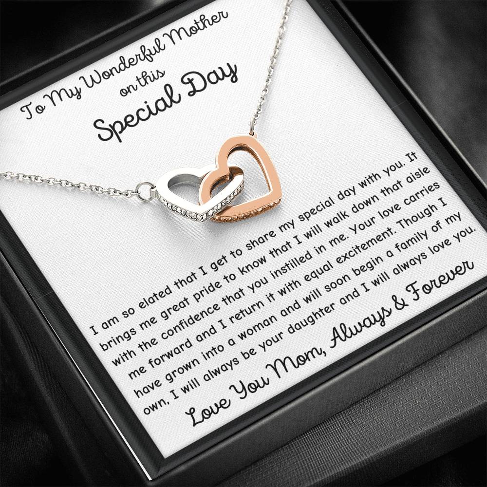 Your Mom will love this Interlocking Hearts Necklace with heartfelt message card. Cubic Zirconia. High quality polished surgical steel.18"-22".