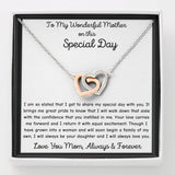 Your Mom will love this Interlocking Hearts Necklace with heartfelt message card. Cubic Zirconia. High quality polished surgical steel.18"-22".