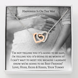 Your Mom To Be will love this Interlocking Hearts Necklace with heartfelt message card. Cubic Zirconia. High quality polished surgical steel.18"-22".  Message card that reads: "Happiness is on the way. I'm not telling you it's going to be easy, I'm telling you it's going to be worth it! I can't wait to meet you because I already know we're going to be best friends! Love, hugs, kicks and kisses, your tummy"