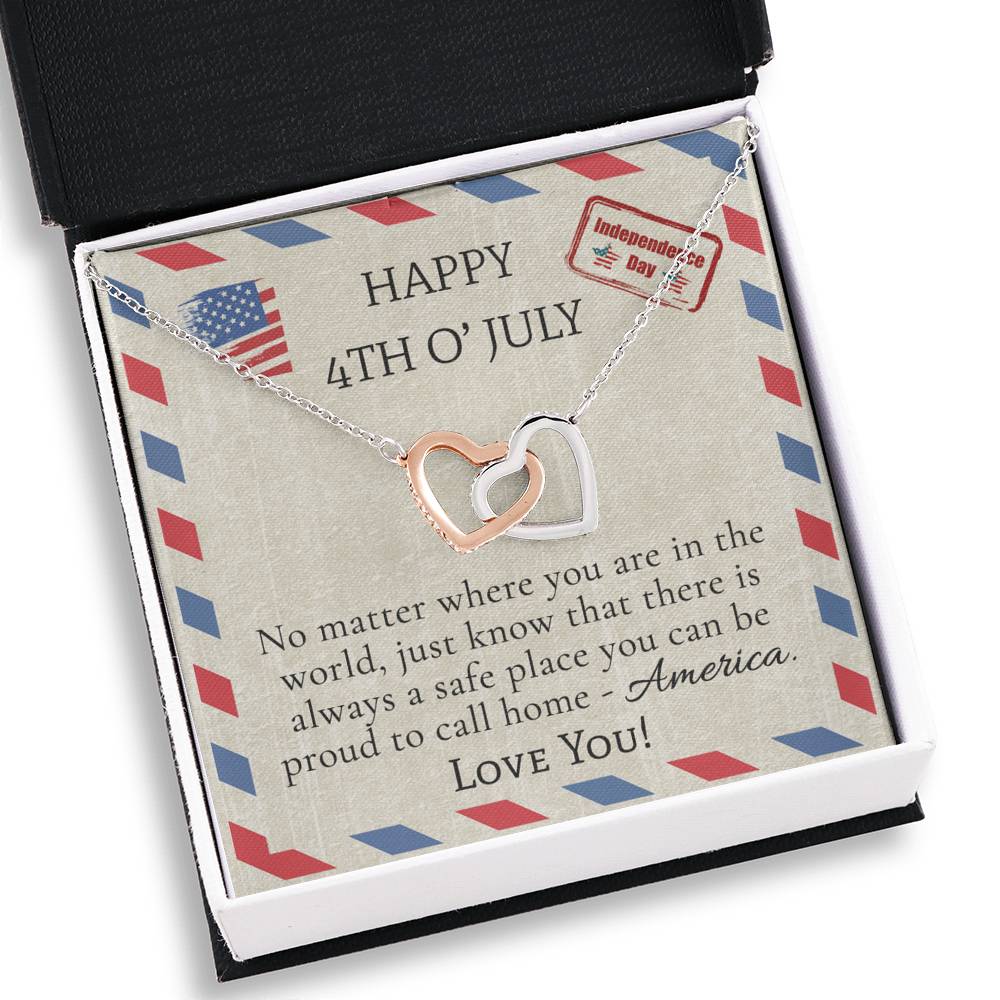 4th Of July USA Flag Necklace- Two Locked Hearts