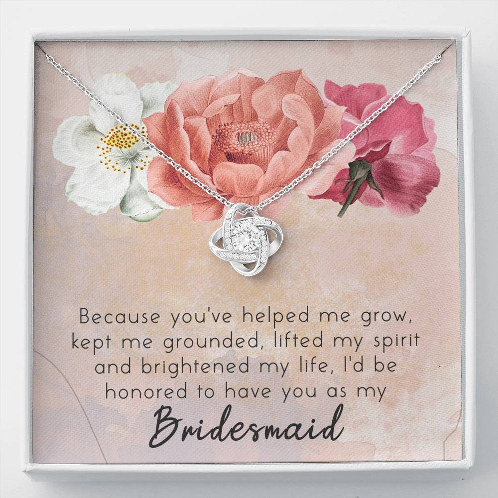 Bridesmaid Stunning Knot Necklace Gift. Cute message card.  " Because you've helped me grow, kept me grounded, lifted my spirit and brightened my life, I'd be honored to have you as my Bridesmaid". Brilliant 14k white gold over stainless steel. Zirconia crystal with smaller cubic zirconia