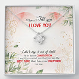 Surprise your loved one with this gorgeous this beautiful Love Knot Necklace gift today representing an unbreakable bond between two souls.The card reads "When I tell you I love you,I don't say it out of habit or to make conversation, I say It to Remind You That You Are The Best Thing That Ever Happened To me.Brilliant 14k white gold over stainless steel,adjustable cable chain with alobster clasp.The center cubic zirconia crystalis surrounded with smaller cubic zirconia.