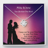 Two Bodies One Soul Personalized with Names Love Knot Necklace with A message that reads Two Bodies one soul I may not be your first love or your first kiss but trust me I just want to be your last everything for your Wife, Girlfriend, Bride, Bride To Be, etc with a free gift box col. 14K white Gold