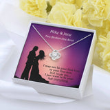 Two Bodies One Soul Personalized with Names Love Knot Necklace with A message that reads Two Bodies one soul I may not be your first love or your first kiss but trust me I just want to be your last everything for your Wife, Girlfriend, Bride, Bride To Be, etc with a free gift box col. 14K white Gold