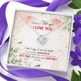 Surprise your loved one with this gorgeous this beautiful Love Knot Necklace gift today representing an unbreakable bond between two souls.The card reads "When I tell you I love you,I don't say it out of habit or to make conversation, I say It to Remind You That You Are The Best Thing That Ever Happened To me.Brilliant 14k white gold over stainless steel,adjustable cable chain with alobster clasp.The center cubic zirconia crystalis surrounded with smaller cubic zirconia.