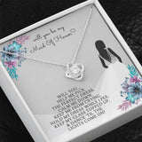 Bridesmaid Stunning Knot Necklace Gift. Cute message card. "Will you...help me pick the perfect dress, calm me down,keep me from crying, hold my dress while I pee, keep my glass topped up & dance 'til the lights come on?" Brilliant 14k white gold over stainless steel. Zirconia crystal with smaller cubic zirconia