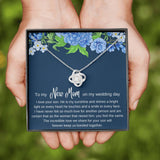 The perfect gift for your future mother in law. Brilliant 14k white gold Love Knot necklace, Zirconia crystal with smaller cubic zirconia. Includes a heartfelt message card included guaranteed to melt your new mother in laws heart.