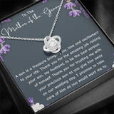 The perfect gift for your future mother in law. Brilliant 14k white gold Love Knot necklace, Zirconia crystal with smaller cubic zirconia. Includes a heartfelt message card included guaranteed to melt your new mother in laws heart.