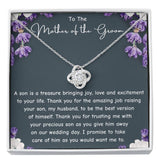 The perfect gift for your future mother in law. Brilliant 14k white gold Love Knot necklace, Zirconia crystal with smaller cubic zirconia. Includes a heartfelt message card included guaranteed to melt your new mother in laws heart.