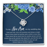 The perfect gift for your future mother in law. Brilliant 14k white gold Love Knot necklace, Zirconia crystal with smaller cubic zirconia. Includes a heartfelt message card included guaranteed to melt your new mother in laws heart.