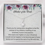 The perfect mother of the bride gift from groom. Heartfelt message card included from Groom to new Mother in law. Ribbon shaped,14K white gold over stainless steel,clear crystals,sparkling 7mm round Cubic Zirconia.