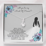 Bridesmaid Necklace. With message card. "Will you...help me pick the perfect dress, calm me down,keep me from crying, hold my dress while I pee, keep my glass topped up & dance 'til the lights come on?" Ribbon shaped,14K white gold over stainless steel, clear crystals with a sparkling 7mm round  Cubic Zirconia. 