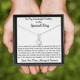 The perfect gift for mom on your wedding day.Ribbon shaped,14K white gold over stainless steel,clear crystals, a sparkling 7mm round Cubic Zirconia. Includes heartfelt message card from daughter to Mother.