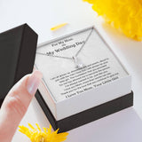 The perfect gift for mom on your wedding day.Ribbon shaped,14K white gold over stainless steel,clear crystals, a sparkling 7mm round Cubic Zirconia. Heartfelt Message Card included.