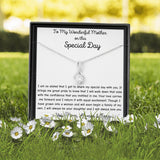 The perfect gift for mom on your wedding day.Ribbon shaped,14K white gold over stainless steel,clear crystals, a sparkling 7mm round Cubic Zirconia. Includes heartfelt message card from daughter to Mother.