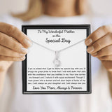 The perfect gift for mom on your wedding day.Ribbon shaped,14K white gold over stainless steel,clear crystals, a sparkling 7mm round Cubic Zirconia. Includes heartfelt message card from daughter to Mother.