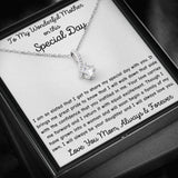 The perfect gift for mom on your wedding day.Ribbon shaped,14K white gold over stainless steel,clear crystals, a sparkling 7mm round Cubic Zirconia. Includes heartfelt message card from daughter to Mother.