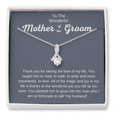 The perfect gift for your future mother in law.Ribbon shaped,14K white gold over stainless steel,clear crystals,  a sparkling 7mm round Cubic Zirconia. Heartfelt message card included guaranteed to melt your new mother in laws heart.
