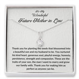 The perfect gift for your future mother in law.Ribbon shaped,14K white gold over stainless steel,clear crystals,a sparkling 7mm round Cubic Zirconia. Heartfelt message card included guaranteed to melt your new mother in laws heart.