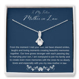 The perfect gift for your future mother in law.Ribbon shaped,14K white gold over stainless steel,clear crystals,  a sparkling 7mm round Cubic Zirconia. Heartfelt message card included guaranteed to melt your new mother in laws heart.