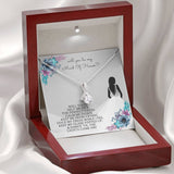 Bridesmaid Necklace. With message card. "Will you...help me pick the perfect dress, calm me down,keep me from crying, hold my dress while I pee, keep my glass topped up & dance 'til the lights come on?" Ribbon shaped,14K white gold over stainless steel, clear crystals with a sparkling 7mm round Cubic Zirconia.
