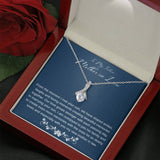 The perfect gift for your future mother in law.Ribbon shaped,14K white gold over stainless steel,clear crystals,  a sparkling 7mm round Cubic Zirconia. Heartfelt message card included guaranteed to melt your new mother in laws heart.