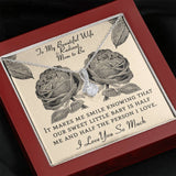 The perfect gift for your wife and mom to be.Ribbon shaped,14K white gold over stainless steel,clear crystals, a sparkling 7mm round Cubic Zirconia.Message card that reads: "To my beautiful wife and radiant mom to be, It makes me smile knowing that our sweet little baby is half me and half the person I love. I love you so much."
