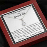 The perfect gift for mom on your wedding day.Ribbon shaped,14K white gold over stainless steel,clear crystals, a sparkling 7mm round Cubic Zirconia. Includes heartfelt message card from daughter to Mother.
