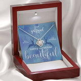 Surprise your loved one with this gorgeous this beautiful Love Knot Necklace gift today representing an unbreakable bond between two souls.Personalize the inserted message card with to whom the git is being given and from whom. The card reads To my, All my love, your..., Merry Christmas Beautiful. Brilliant 14k white gold over stainless steel,adjustable cable chain with alobster clasp.The center cubic zirconia crystalis surrounded with smaller cubic zirconia.